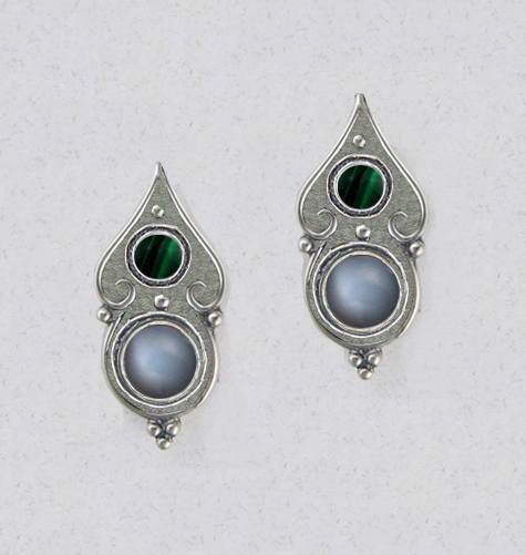 Sterling Silver Gothic Look Post Stud Earrings With Grey Moonstone And Malachite